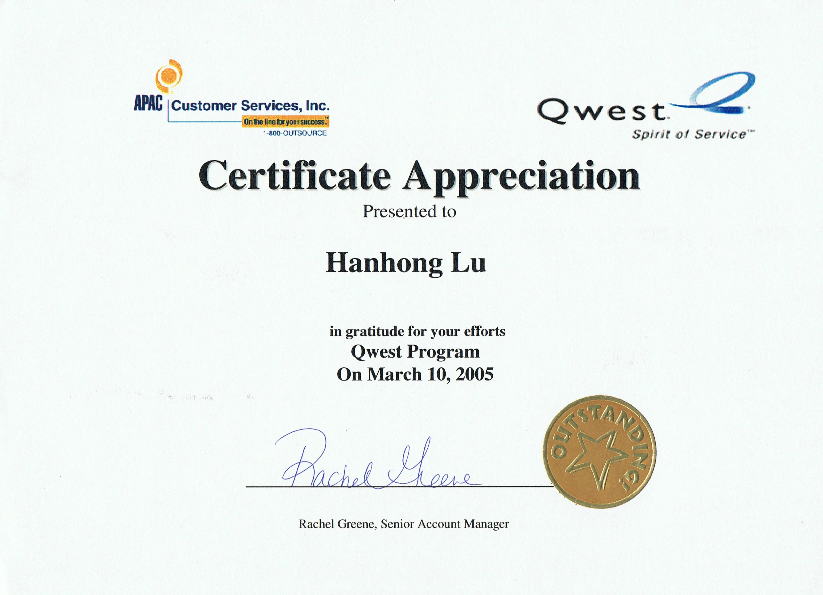 Award of Recognition certificate